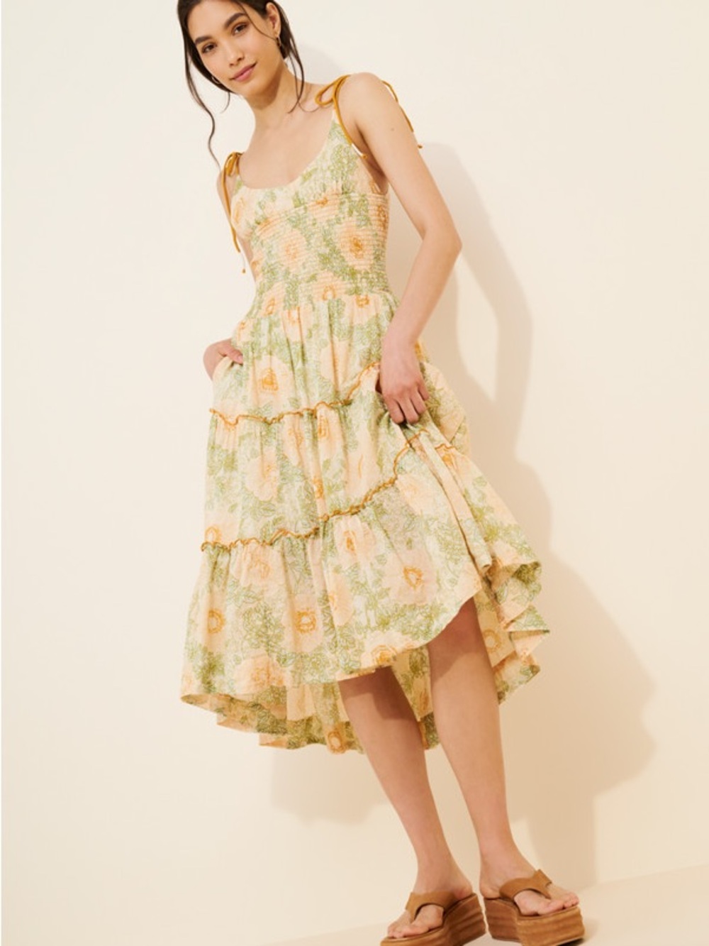 Free People Adriel Tie Strap Tiered Midi Dress Medium